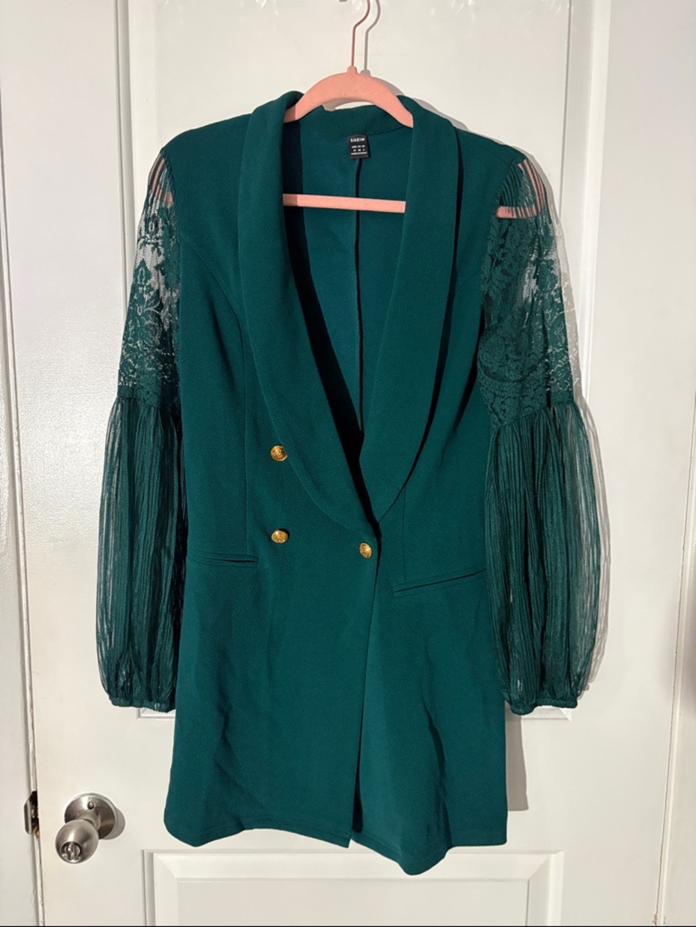 SHEIN Emerald Green Double-Breasted Lace Sleeve Blazer